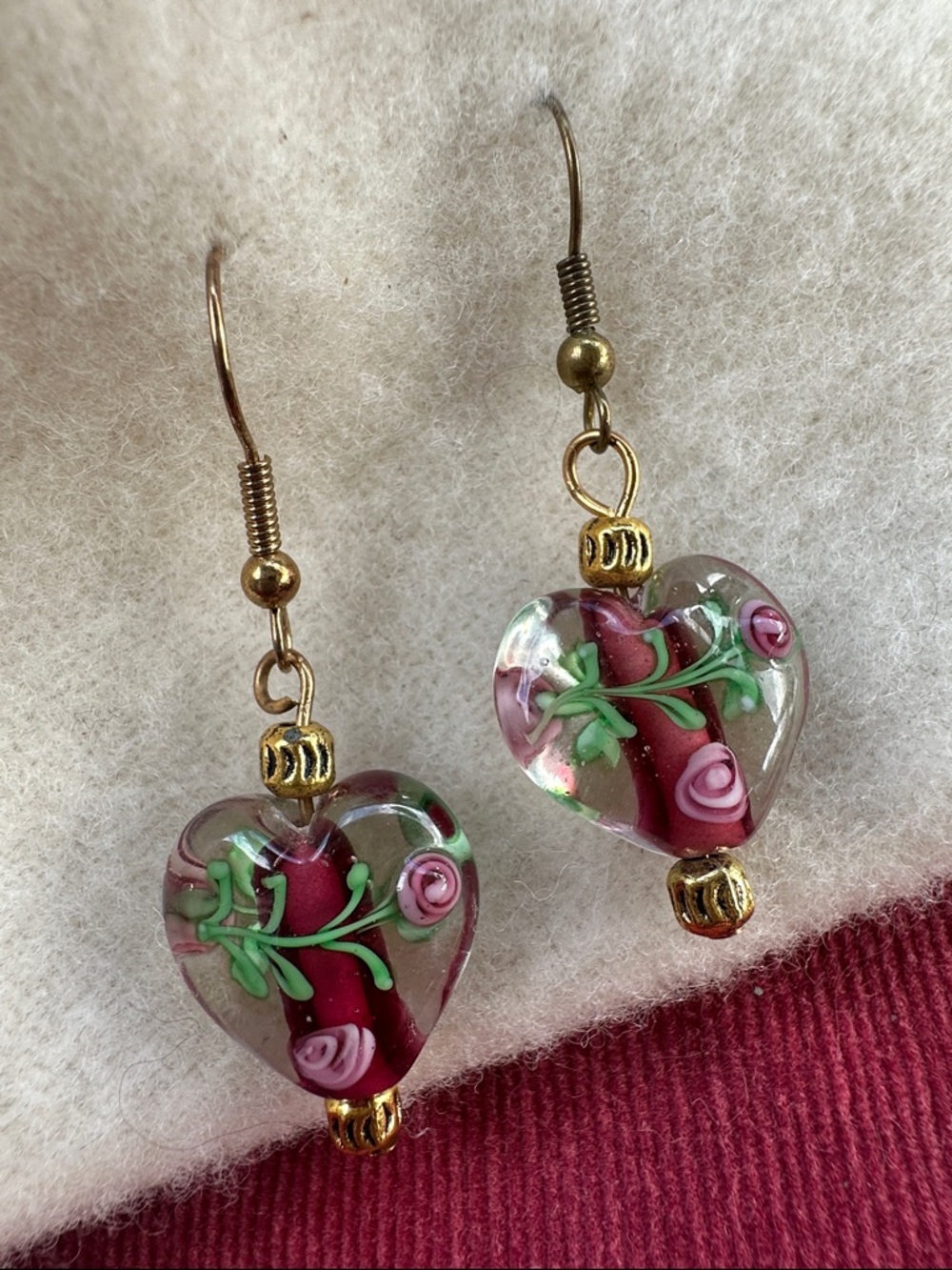 Glass Heart Floral Drop Earrings in Red and Pink